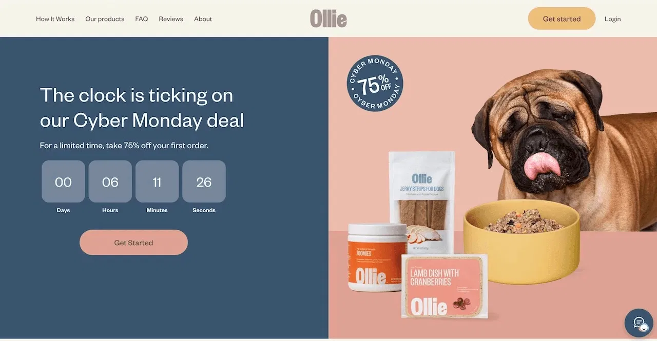 Ollie pet food store used a bold countdown clock for its Cyber Monday